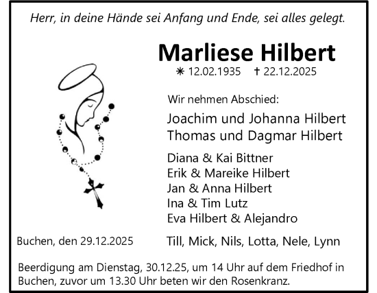 Traueranzeige von Marliese Hilbert von Fränkische Nachrichten