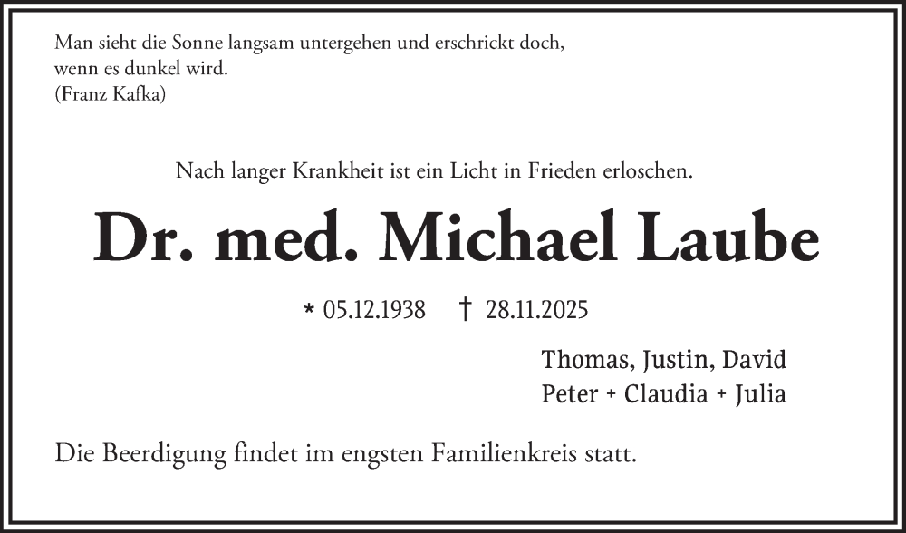 Traueranzeige für Dr. med. Michael Laube vom 05.12.2025 aus Fränkische Nachrichten