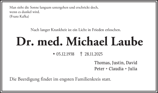 Traueranzeige von Dr. med. Michael Laube von Fränkische Nachrichten