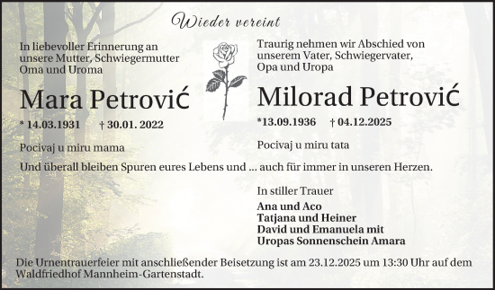 Traueranzeige von Milorad Petrovic von Mannheimer Morgen