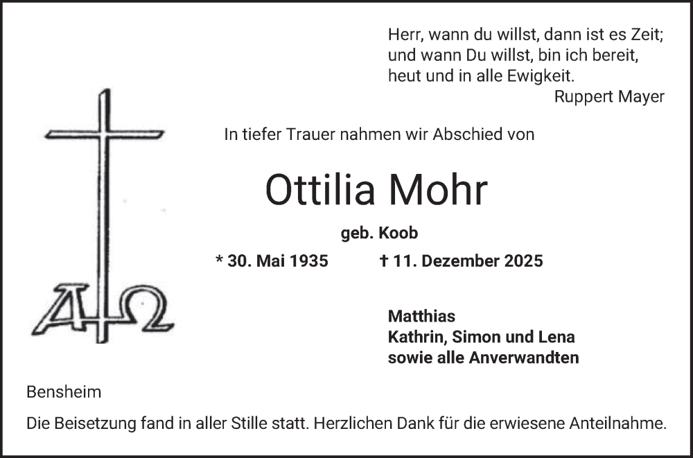  Traueranzeige für Ottilia Mohr vom 27.12.2025 aus Bergsträßer Anzeiger