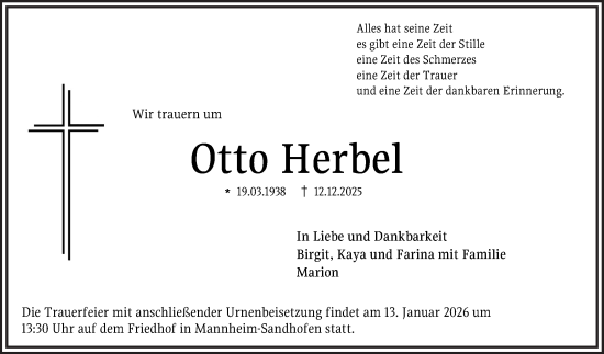 Traueranzeige von Otto Herbel von Mannheimer Morgen