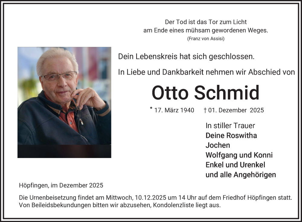  Traueranzeige für Otto Schmid vom 06.12.2025 aus Fränkische Nachrichten