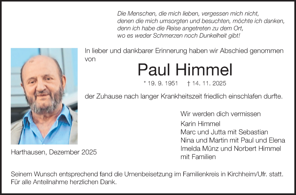  Traueranzeige für Paul Himmel vom 06.12.2025 aus Fränkische Nachrichten