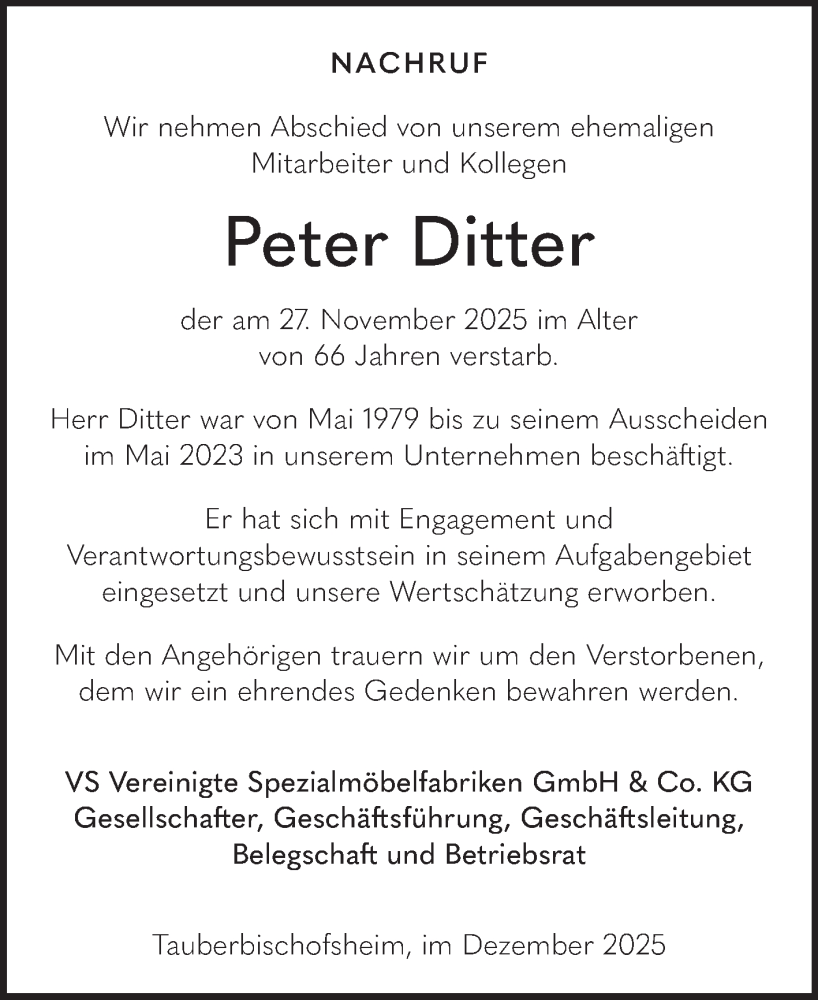  Traueranzeige für Peter Ditter vom 06.12.2025 aus Fränkische Nachrichten