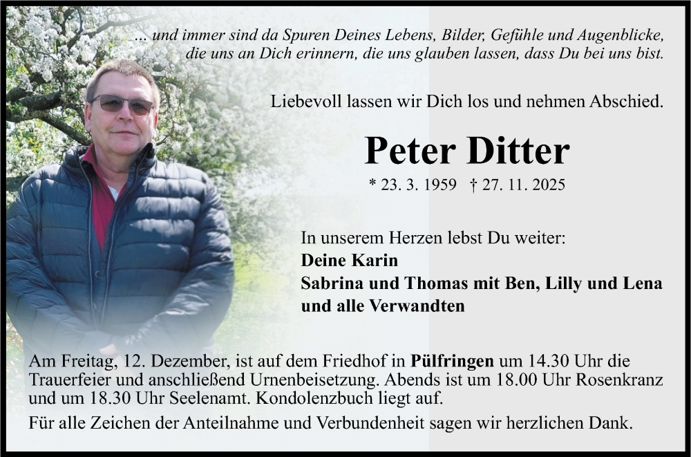  Traueranzeige für Peter Ditter vom 06.12.2025 aus Fränkische Nachrichten