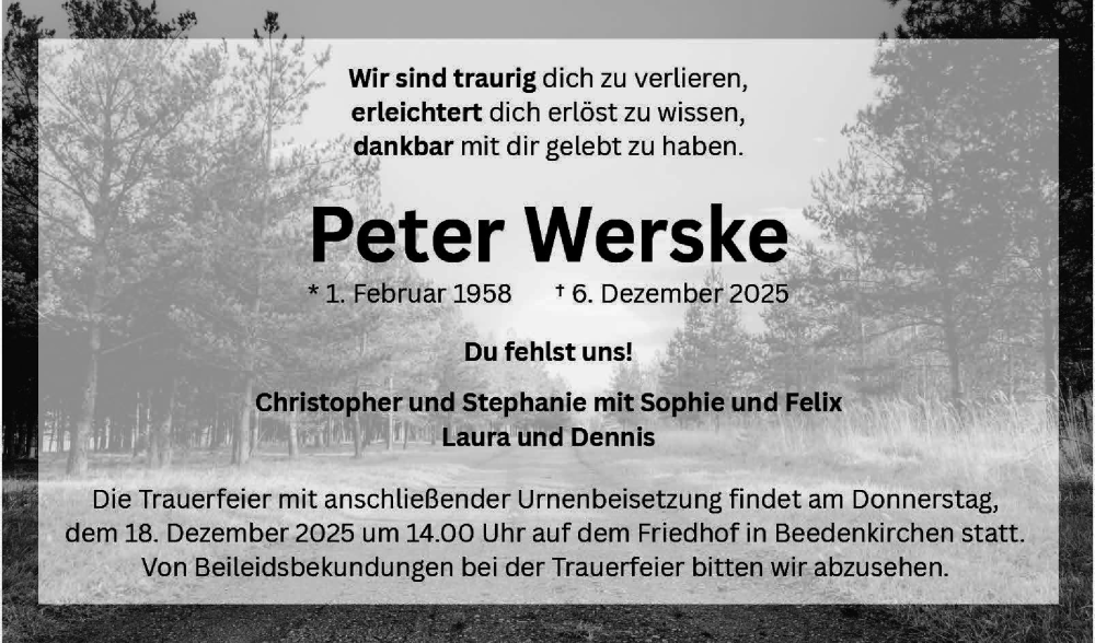  Traueranzeige für Peter Werske vom 13.12.2025 aus Bergsträßer Anzeiger