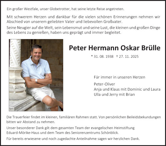 Traueranzeige von Peter Hermann Oskar Brülle von Fränkische Nachrichten