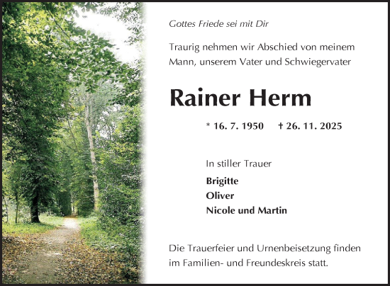 Traueranzeige von Rainer Herm von Fränkische Nachrichten