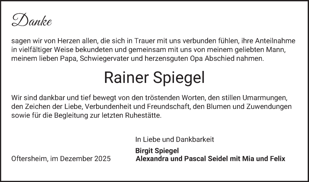  Traueranzeige für Rainer Spiegel vom 20.12.2025 aus Schwetzinger Zeitung