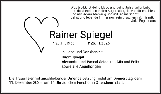 Traueranzeige von Rainer Spiegel von Mannheimer Morgen