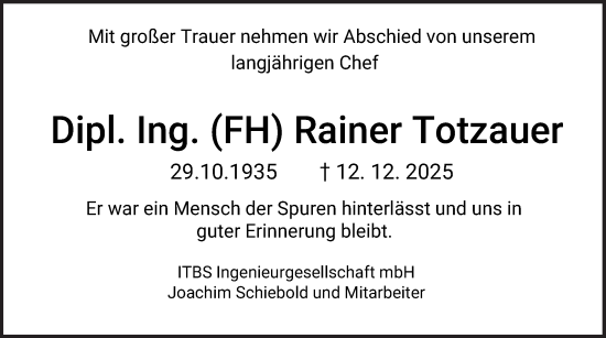 Traueranzeige von Rainer Totzauer von Fränkische Nachrichten