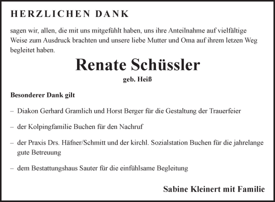 Traueranzeige von Renate Schüssler von Fränkische Nachrichten