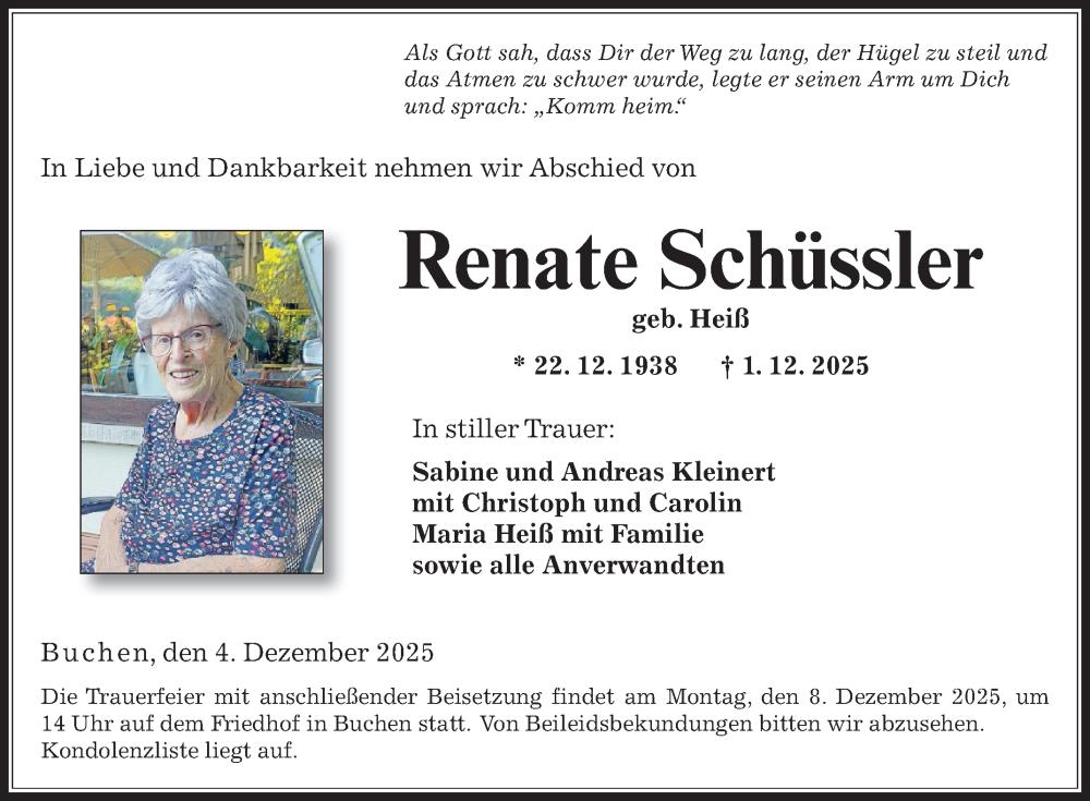  Traueranzeige für Renate Schüssler vom 04.12.2025 aus Fränkische Nachrichten