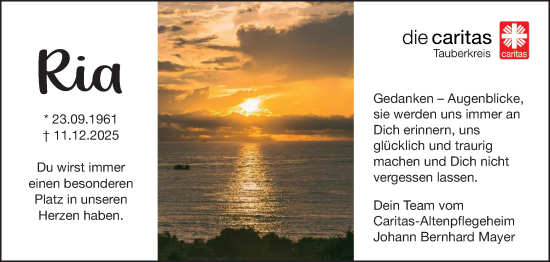 Traueranzeige von Ria Valk von Fränkische Nachrichten