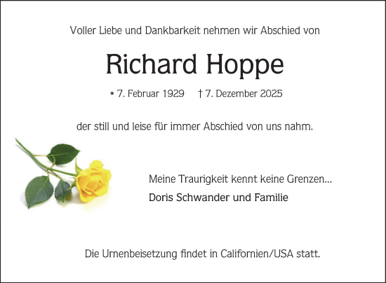 Traueranzeige von Richard Hoppe von Mannheimer Morgen