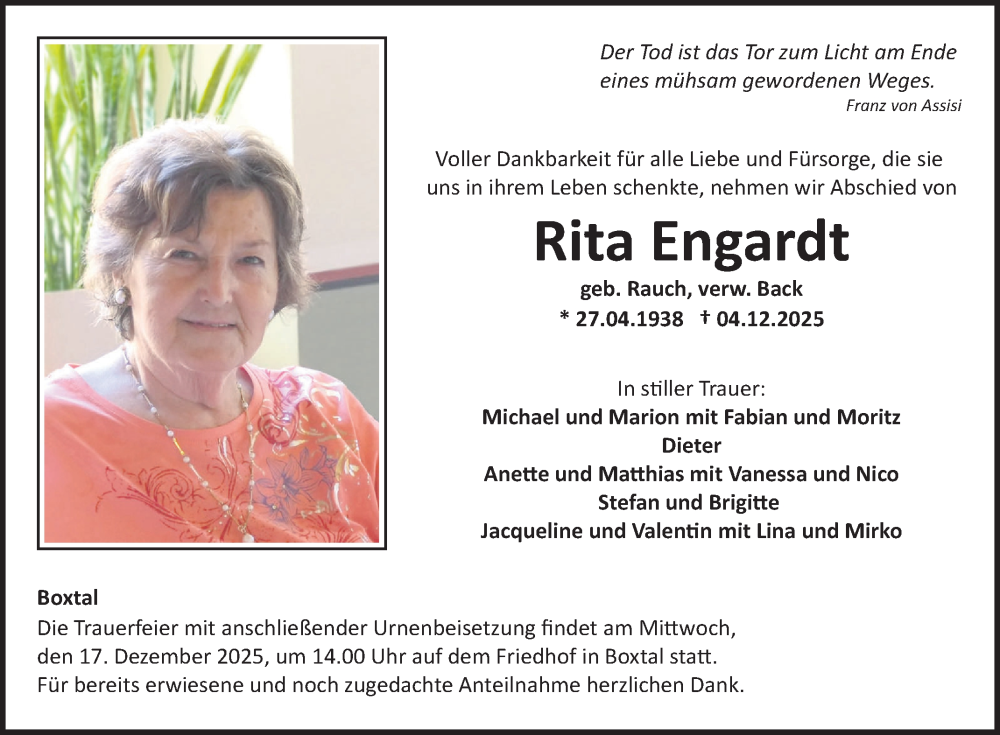  Traueranzeige für Rita Engardt vom 13.12.2025 aus Fränkische Nachrichten