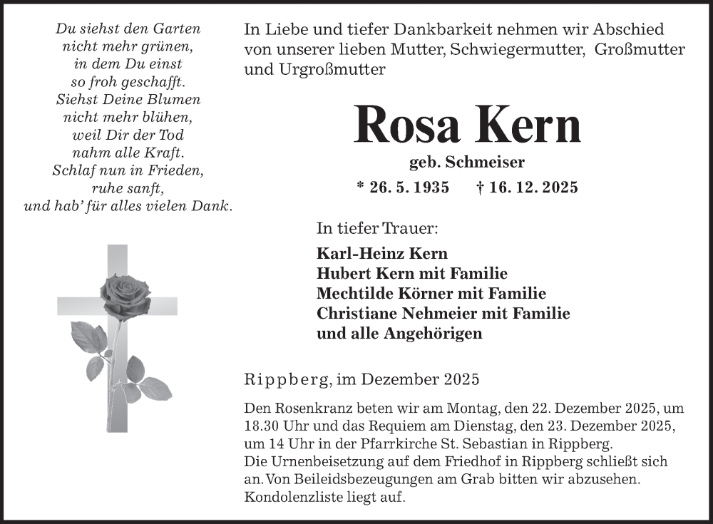  Traueranzeige für Rosa Kern vom 20.12.2025 aus Fränkische Nachrichten