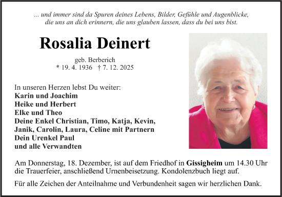Traueranzeige von Rosalia Deinert von Fränkische Nachrichten