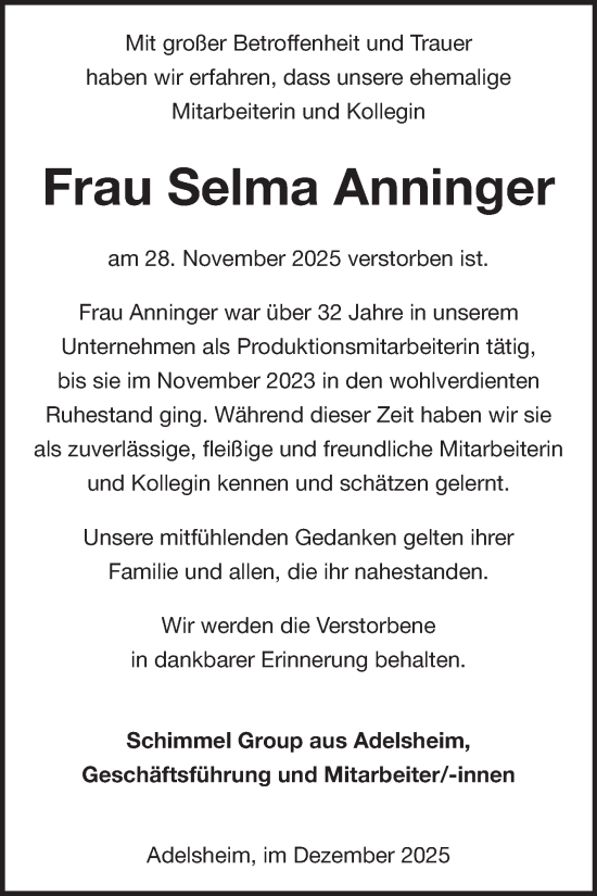 Traueranzeige von Selma Anninger von Fränkische Nachrichten