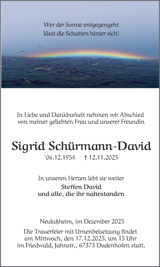 Traueranzeige von Sigrid Schürmann-David von Schwetzinger Zeitung