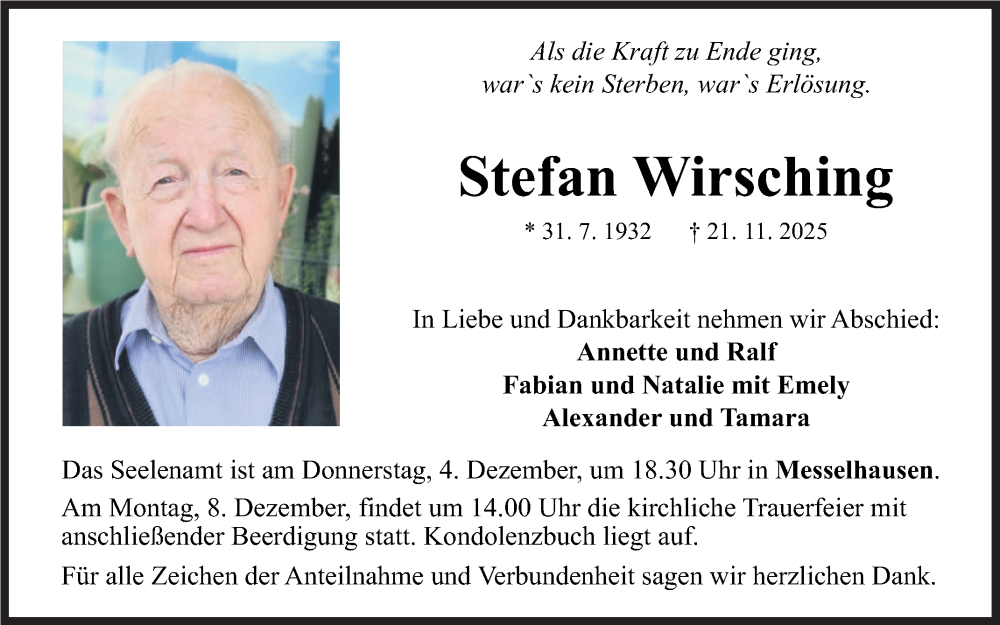  Traueranzeige für Stefan Wirsching vom 02.12.2025 aus Fränkische Nachrichten