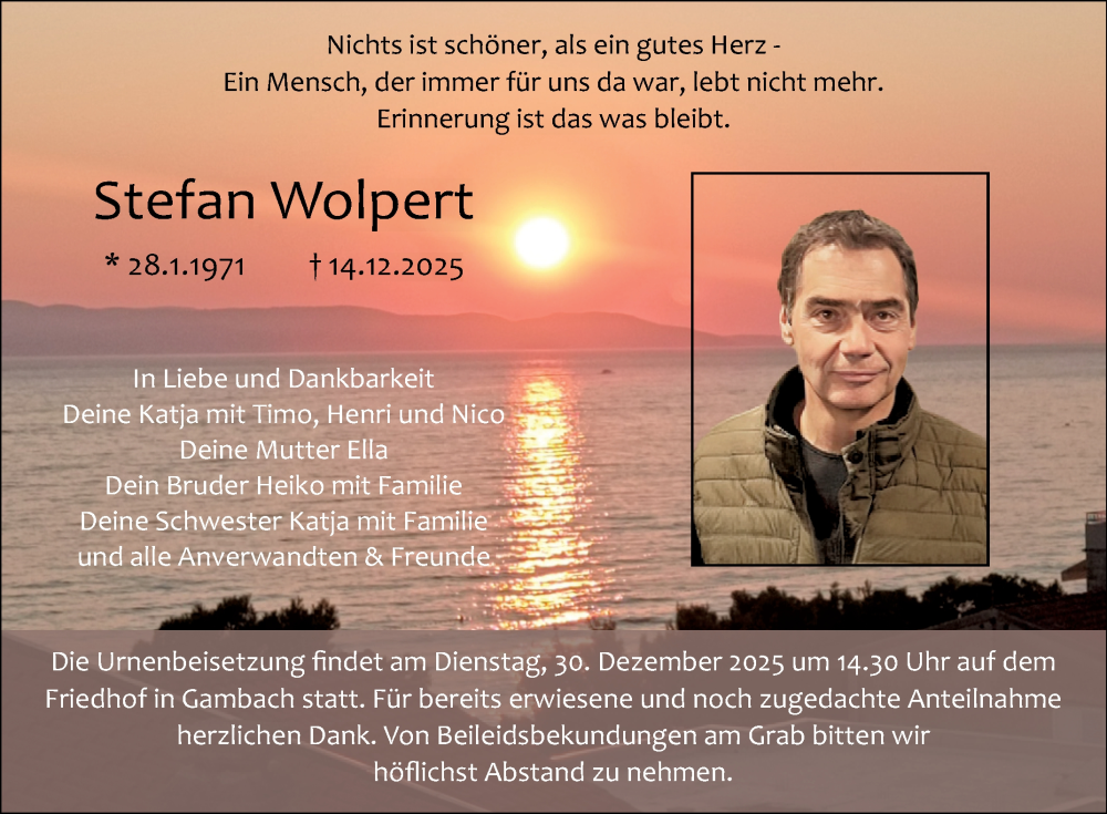  Traueranzeige für Stefan Wolpert vom 20.12.2025 aus Fränkische Nachrichten