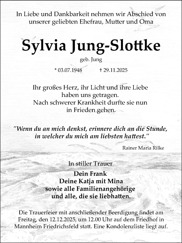  Traueranzeige für Sylvia Jung-Slottke vom 06.12.2025 aus Mannheimer Morgen