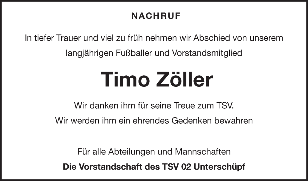  Traueranzeige für Timo Zöller vom 20.12.2025 aus Fränkische Nachrichten