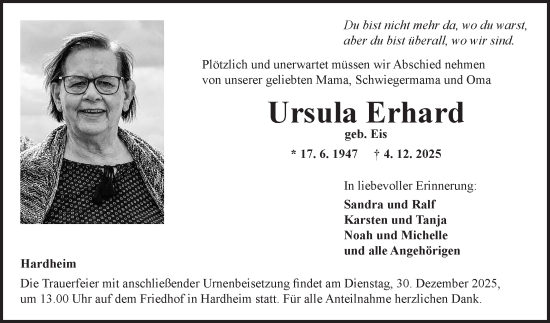 Traueranzeige von Ursula Erhard von Fränkische Nachrichten