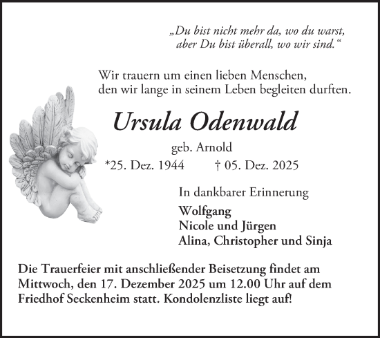 Traueranzeige von Ursula Odenwald von Mannheimer Morgen