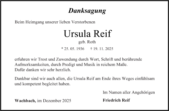 Traueranzeige von Ursula Reif von Fränkische Nachrichten