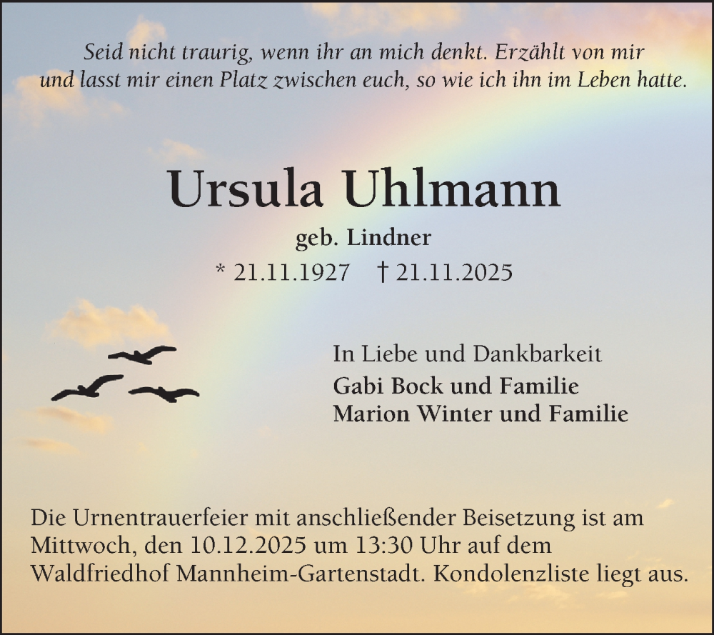  Traueranzeige für Ursula Uhlmann vom 06.12.2025 aus Mannheimer Morgen