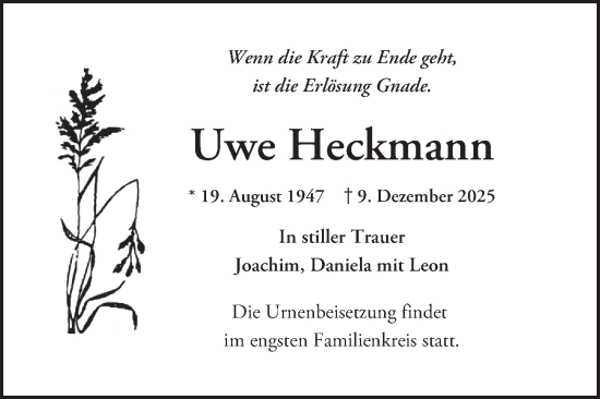 Traueranzeige von Uwe Heckmann von Schwetzinger Zeitung