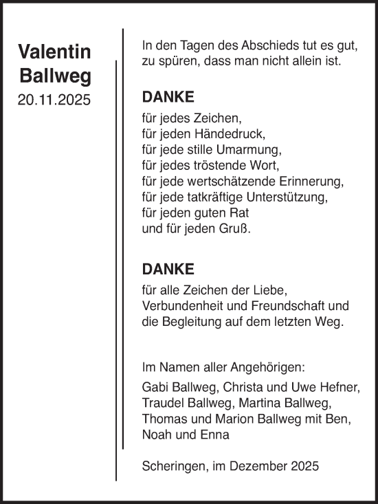 Traueranzeige von Valentin Ballweg von Fränkische Nachrichten