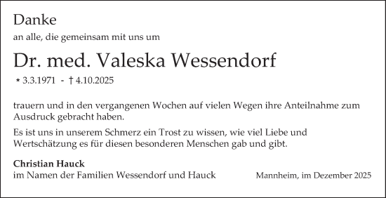 Traueranzeige von Valeska Wessendorf von Mannheimer Morgen