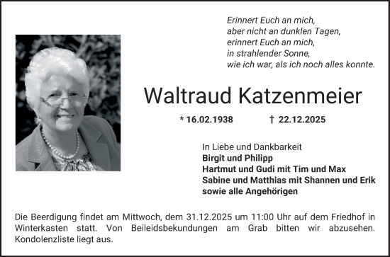 Traueranzeige von Waltraud Katzenmeier von Bergsträßer Anzeiger