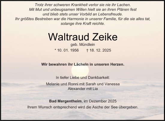 Traueranzeige von Waltraud Zeike von Fränkische Nachrichten