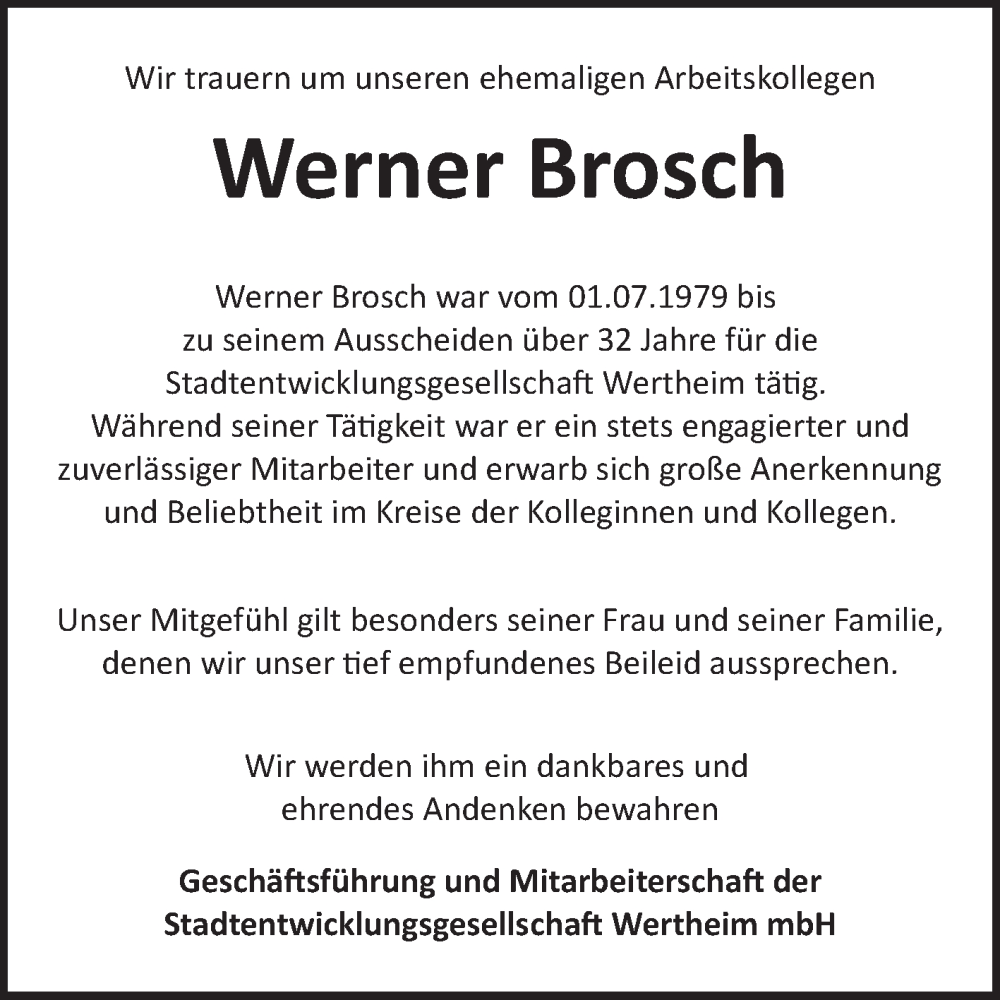  Traueranzeige für Werner Brosch vom 04.12.2025 aus Fränkische Nachrichten