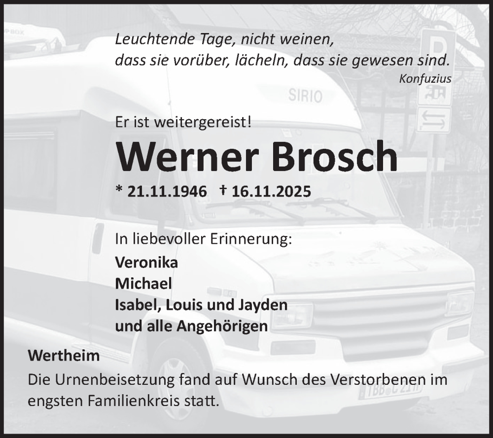  Traueranzeige für Werner Brosch vom 03.12.2025 aus Fränkische Nachrichten