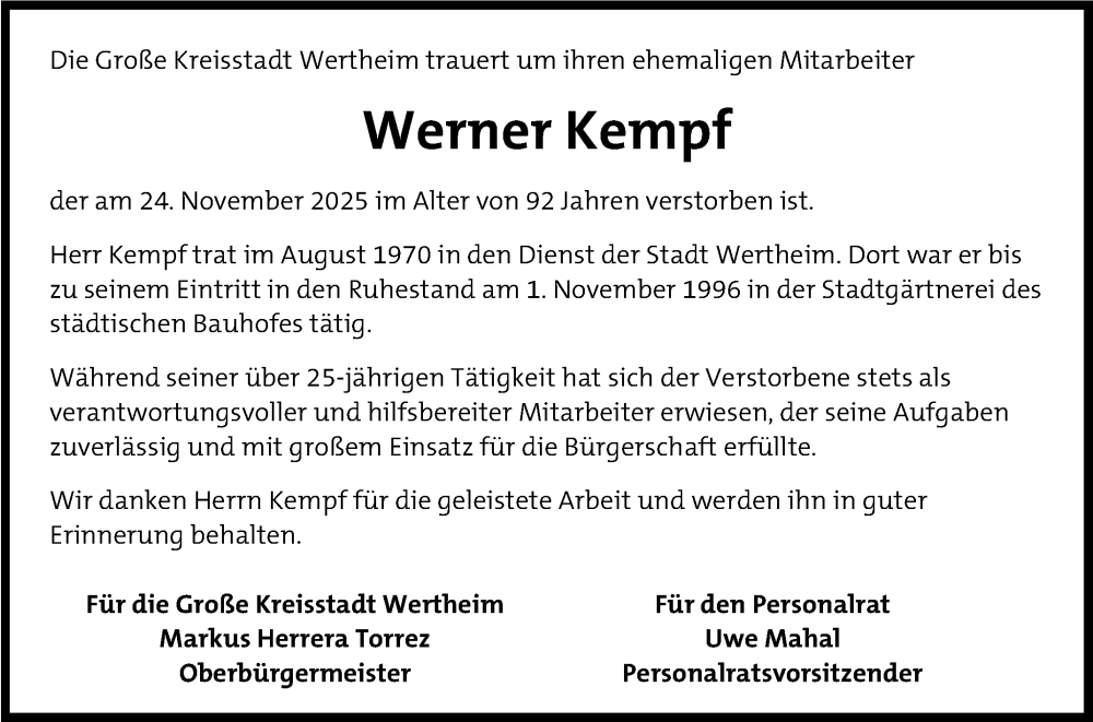  Traueranzeige für Werner Kempf vom 02.12.2025 aus Fränkische Nachrichten
