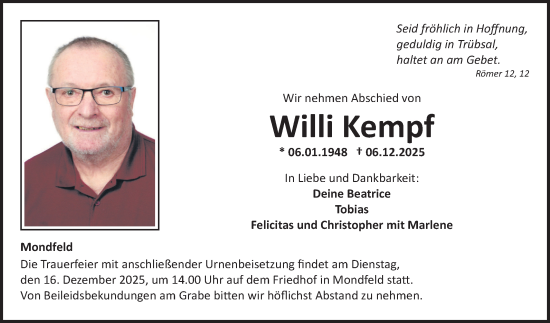 Traueranzeige von Willi Kempf von Fränkische Nachrichten