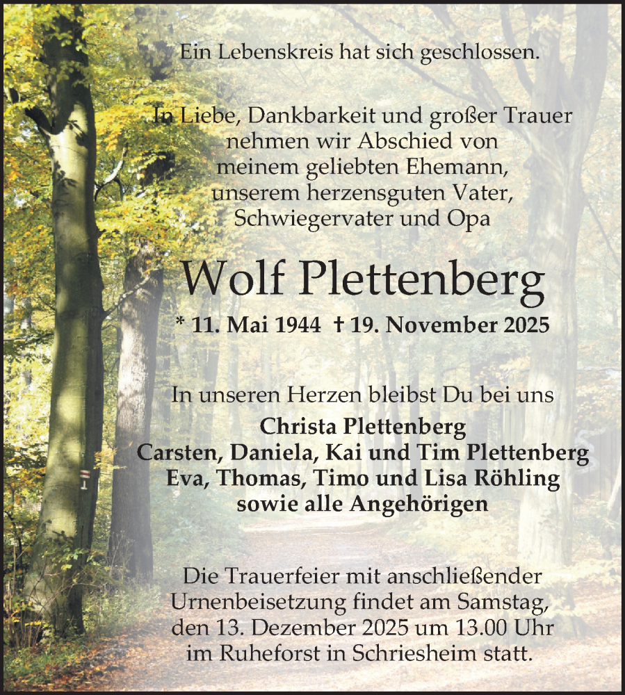  Traueranzeige für Wolf Plettenberg vom 06.12.2025 aus Schwetzinger Zeitung