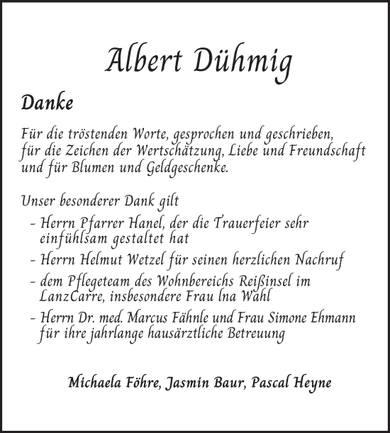 Traueranzeige von Albert Dühmig von Mannheimer Morgen