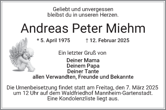 Traueranzeige von Andreas Peter Miehm von Mannheimer Morgen