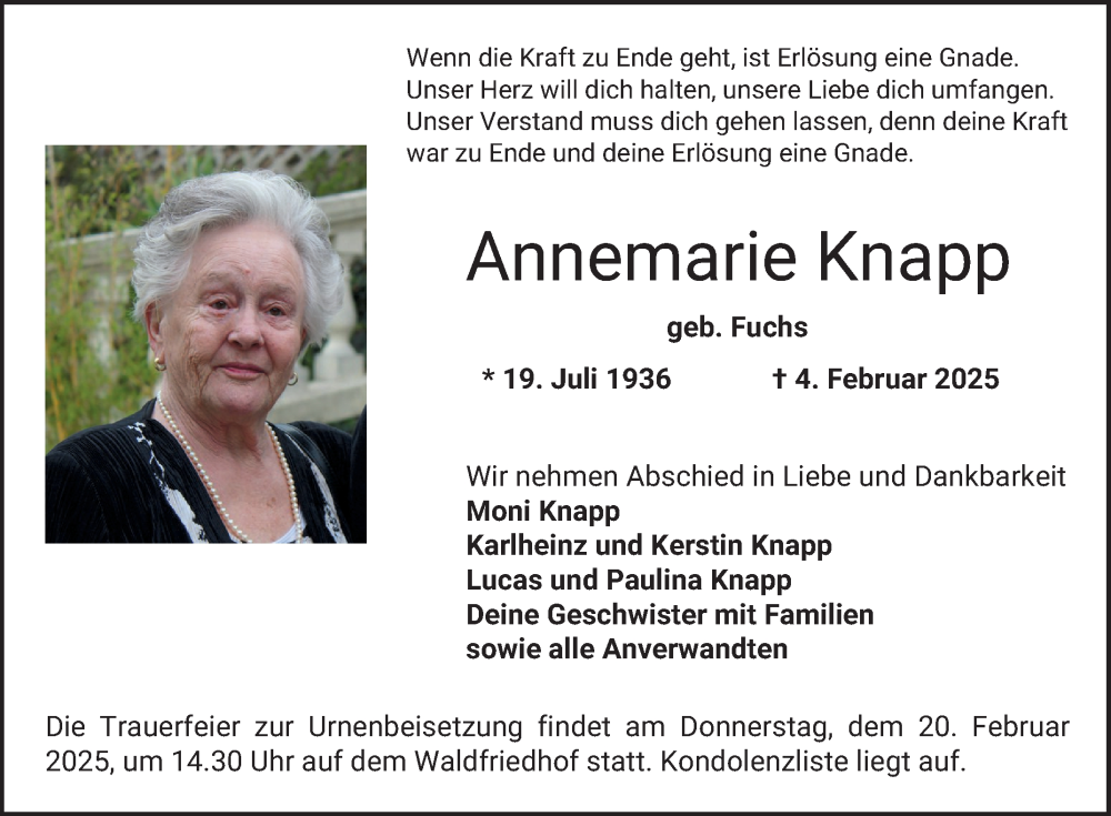  Traueranzeige für Annemarie Knapp vom 15.02.2025 aus Bergsträßer Anzeiger
