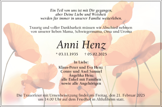 Traueranzeige von Anni Henz von Schwetzinger Zeitung