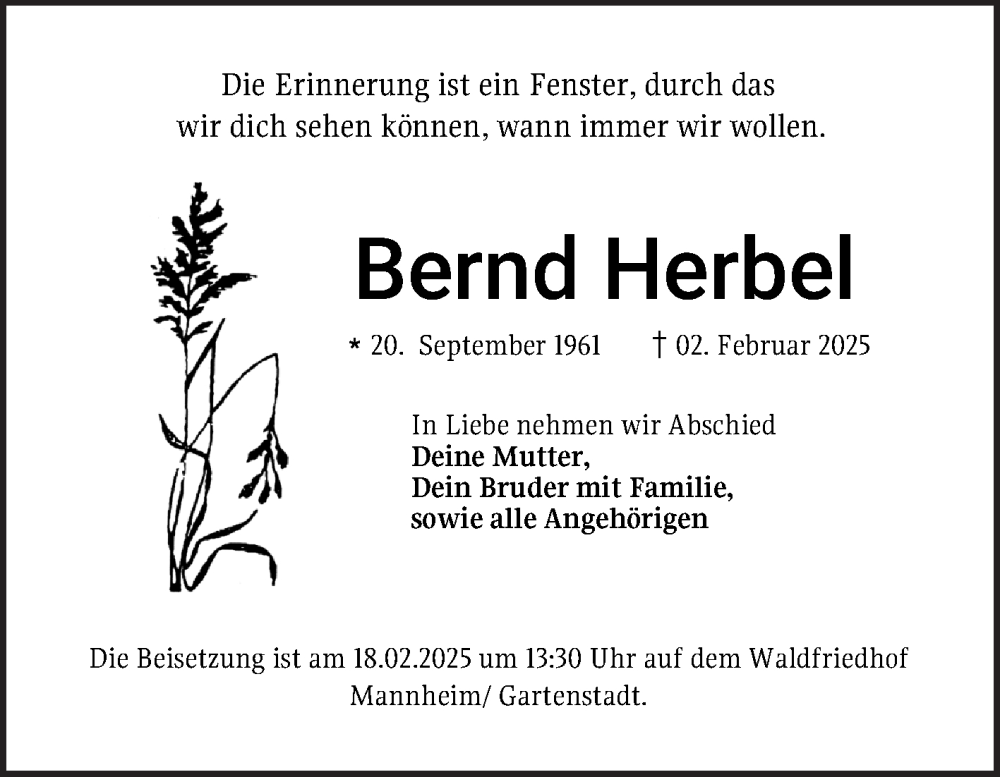  Traueranzeige für Bernd Herbel vom 15.02.2025 aus Mannheimer Morgen