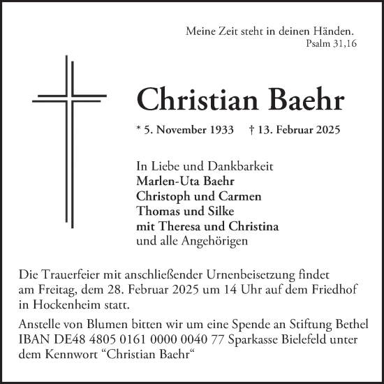 Traueranzeige von Christian Baehr von Schwetzinger Zeitung