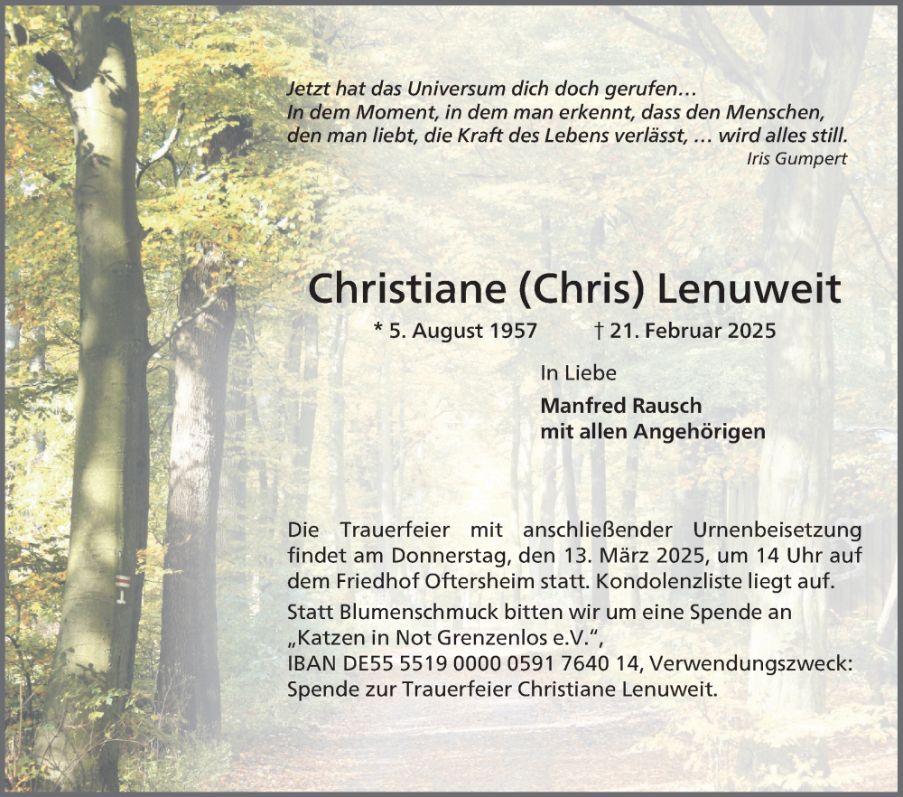  Traueranzeige für Christiane Lenuweit vom 01.03.2025 aus Mannheimer Morgen